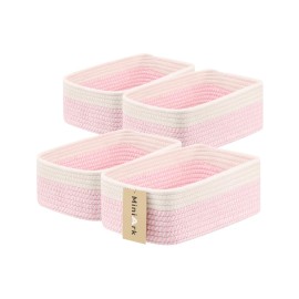 MiniArk Small Storage Baskets for Organizing | Closet Organizer Bins | Shelf Toy Basket | Woven Rope Baskets | Cube Decorative Box | Shallow Basket | 11.5x7.5x4.7 | 4 Packs White Pink