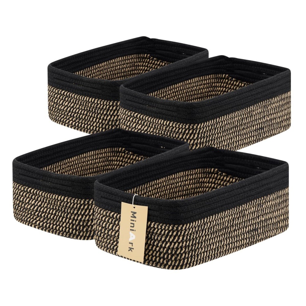 MiniArk Small Storage Baskets for Organizing | Closet Organizer Bins | Shelf Toy Basket | Woven Rope Baskets | Cube Decorative Box | Shallow Basket | 13x8.5x5.1 | 4 Packs Black Brown