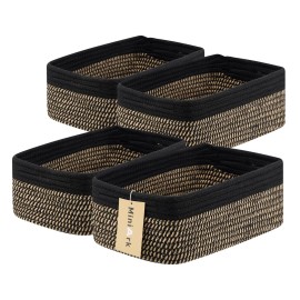 MiniArk Small Storage Baskets for Organizing | Closet Organizer Bins | Shelf Toy Basket | Woven Rope Baskets | Cube Decorative Box | Shallow Basket | 13x8.5x5.1 | 4 Packs Black Brown