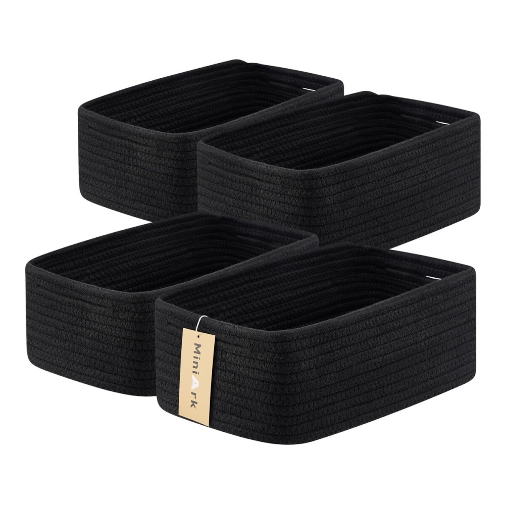 MiniArk Small Storage Baskets for Organizing | Closet Organizer Bins | Shelf Toy Basket | Woven Rope Baskets | Cube Decorative Box | Shallow Basket | 13x8.5x5.1 | 4 Packs Black