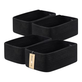 MiniArk Small Storage Baskets for Organizing | Closet Organizer Bins | Shelf Toy Basket | Woven Rope Baskets | Cube Decorative Box | Shallow Basket | 13x8.5x5.1 | 4 Packs Black