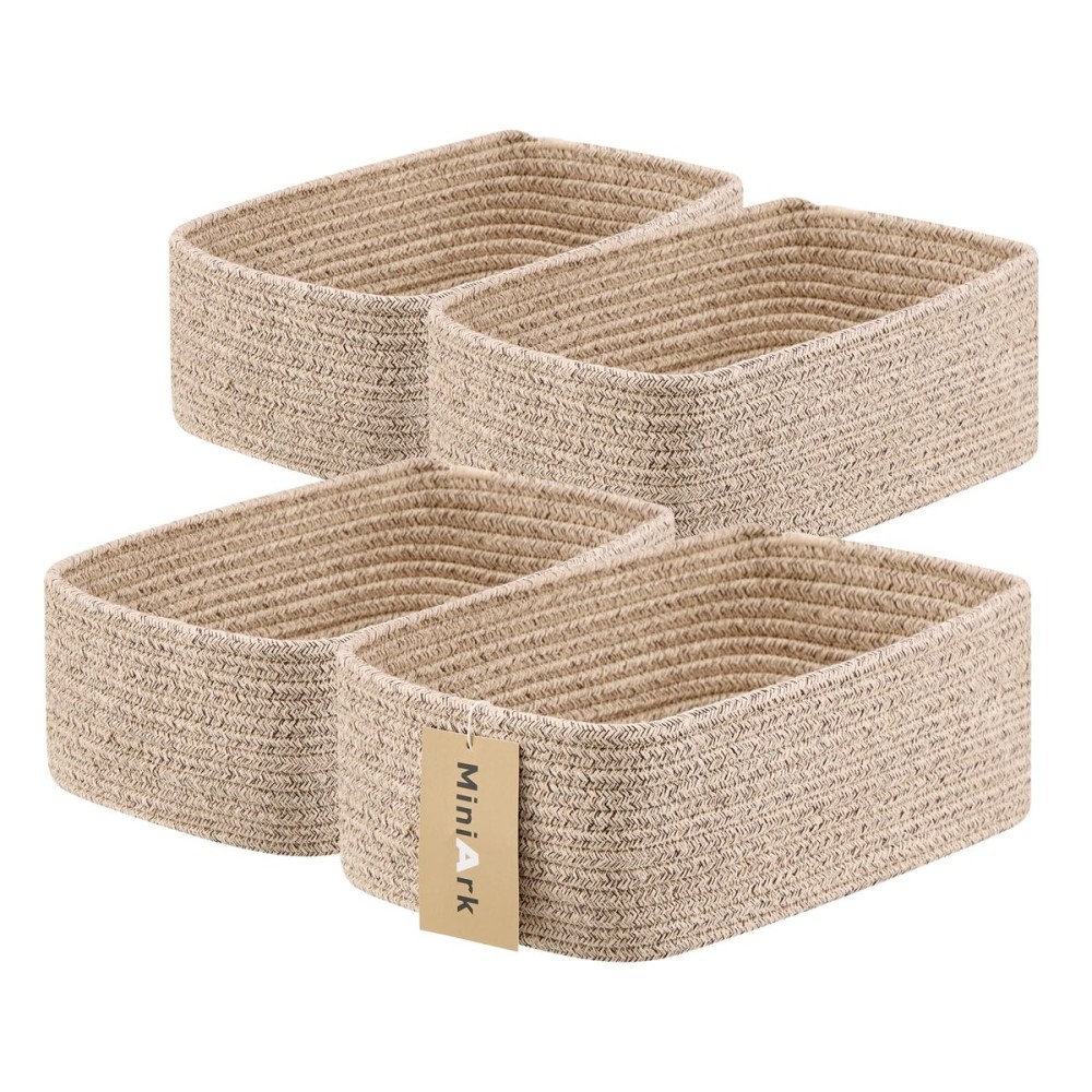 MiniArk Small Storage Baskets for Organizing | Closet Organizer Bins | Shelf Toy Basket | Woven Rope Baskets | Cube Decorative Box | Shallow Basket | 11.5x7.5x4.7 | 4 Packs Mixed Brown
