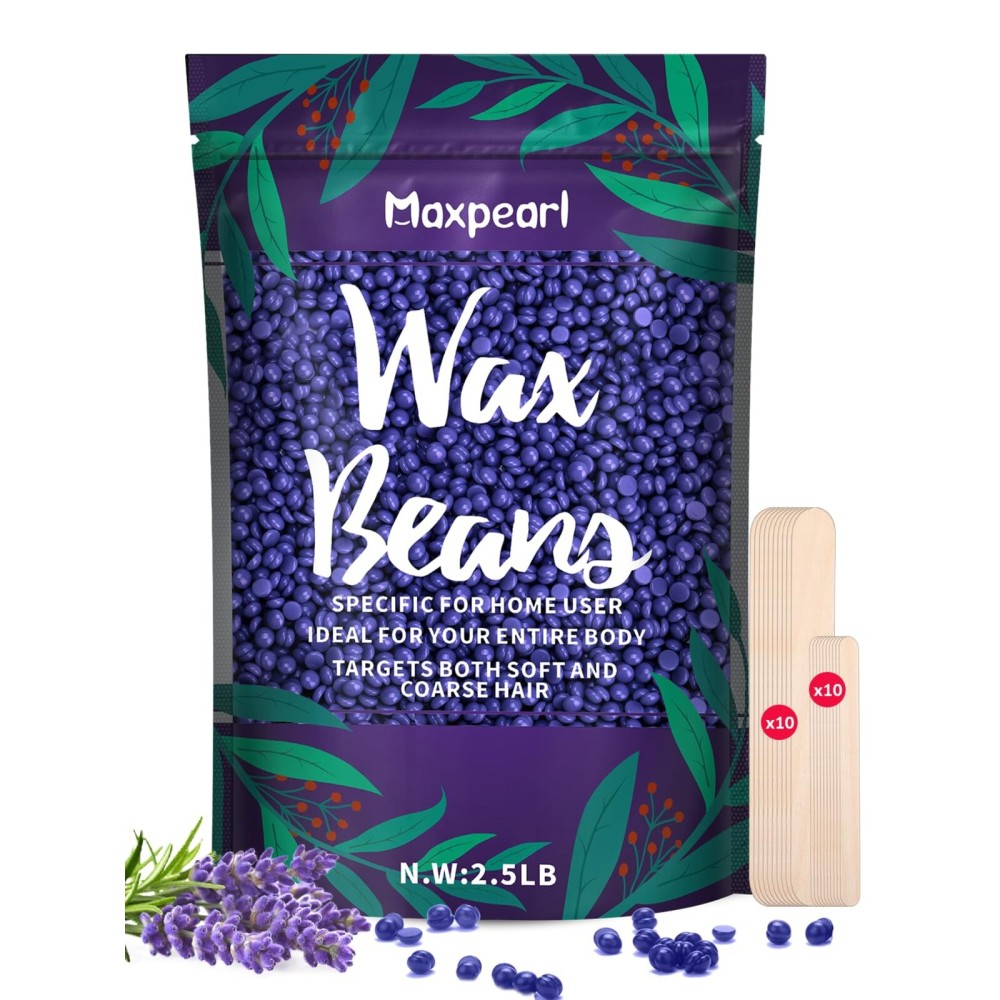 Maxpearl 2.5LB Hard Wax Beads for Hair Removal, Natural Lavender Formula - Brazilian Waxing, Sensitive Skin, Face, Underarms, Legs, Back, Chest and More, with 20 Wax Sticks, Purple