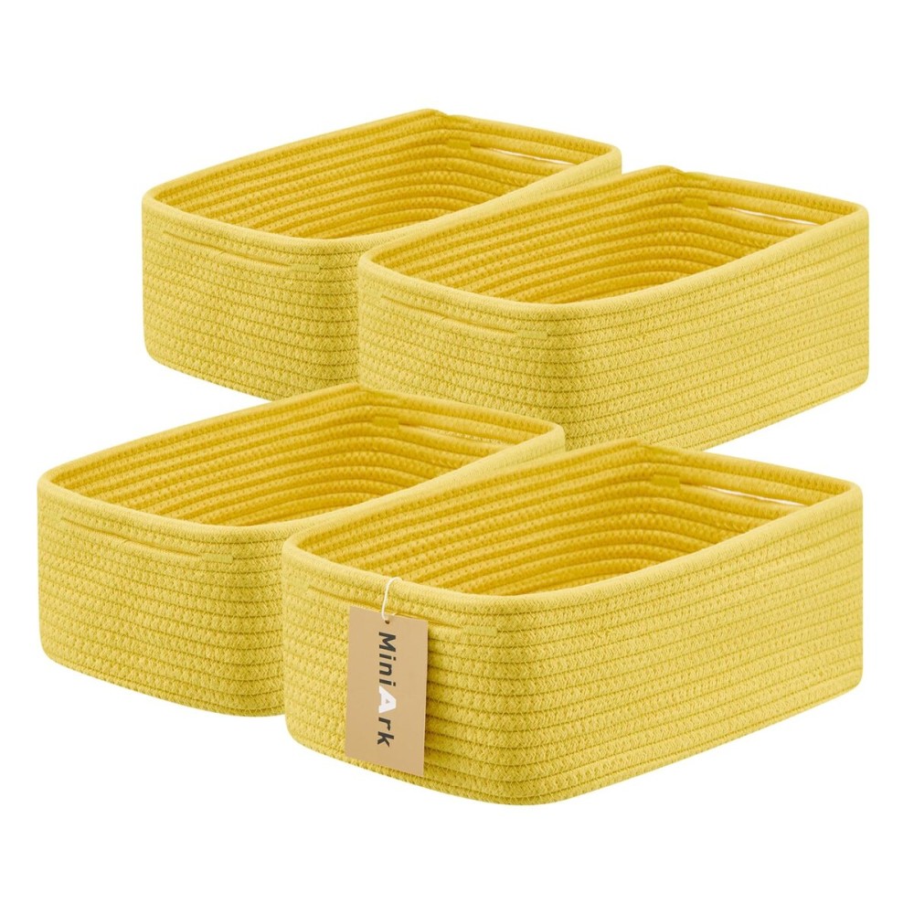MiniArk Small Storage Baskets for Organizing | Closet Organizer Bins | Shelf Toy Basket | Woven Rope Baskets | Cube Decorative Box | Shallow Basket | 13x8.5x5.1 | 4 Packs Yellow