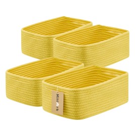 MiniArk Small Storage Baskets for Organizing | Closet Organizer Bins | Shelf Toy Basket | Woven Rope Baskets | Cube Decorative Box | Shallow Basket | 13x8.5x5.1 | 4 Packs Yellow