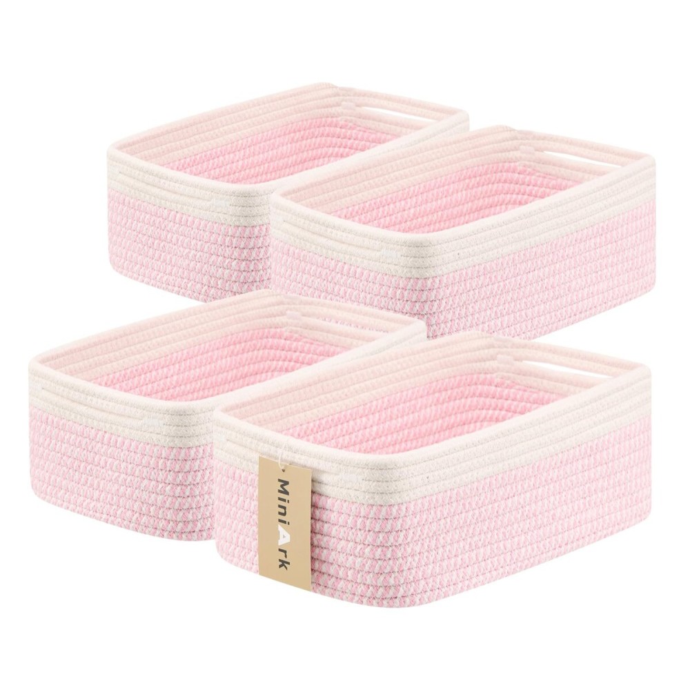 MiniArk Small Storage Baskets for Organizing | Closet Organizer Bins | Shelf Toy Basket | Woven Rope Baskets | Cube Decorative Box | Shallow Basket | 13x8.5x5.1 | 4 Packs White Pink
