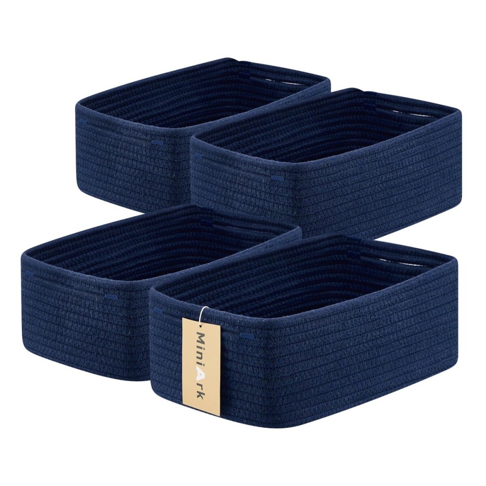 MiniArk Small Storage Baskets for Organizing | Closet Organizer Bins | Shelf Toy Basket | Woven Rope Baskets | Cube Decorative Box | Shallow Basket | 13x8.5x5.1 | 4 Packs Navy Blue