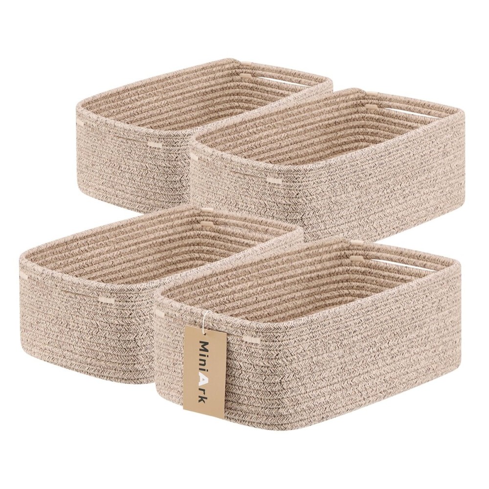 MiniArk Small Storage Baskets for Organizing | Closet Organizer Bins | Shelf Toy Basket | Woven Rope Baskets | Cube Decorative Box | Shallow Basket | 13x8.5x5.1 | 4 Packs Mixed Brown