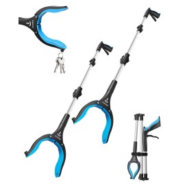 32 Inch Grabber Reacher Tool for Seniors 2 Pack, Foldable Reacher Grabbers Pickup Stick with Anti-Slip 360 Rotating Jaw, 4 Wide Extended Claw with Magnet for Disabled, After Surgery Recovery