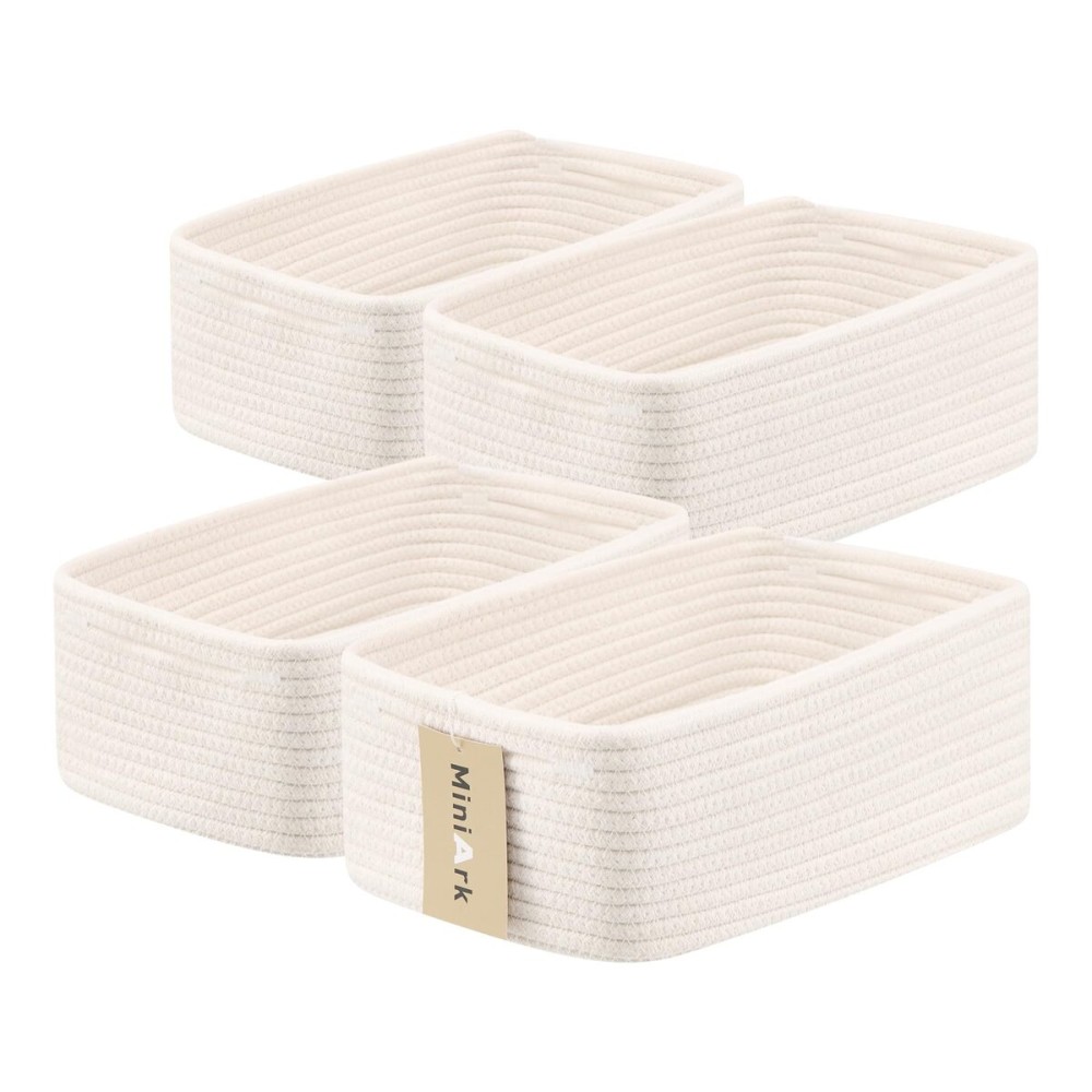 MiniArk Small Storage Baskets for Organizing | Closet Organizer Bins | Shelf Toy Basket | Woven Rope Baskets | Cube Decorative Box | Shallow Basket | 13x8.5x5.1 | 4 Packs Off White