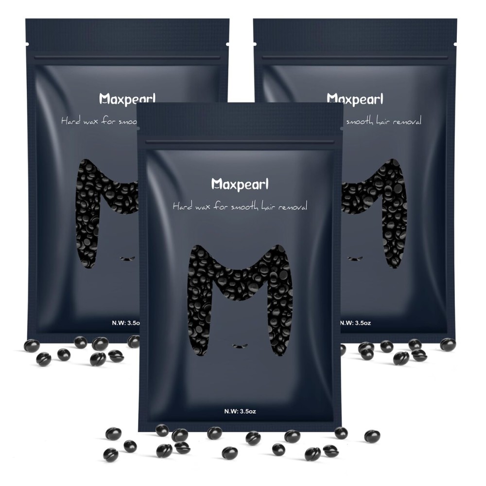 Maxpearl Hard Wax Beads, Pack of 3 Hair Removal Wax Beans Refill for Men & Coarse Hair - Brazilian Waxing, Underarms, Chest, Back, Legs and More 10.5oz (Black)