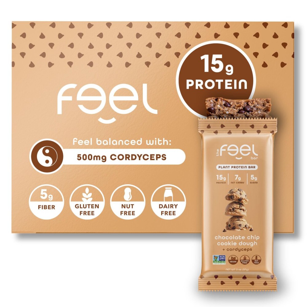 Feel Vegan Protein Bars | Cookie Dough | Keto | Gluten Free | Organic | Cordyceps | 15g Protein | Low Carb | Dairy Free | Grain Free | Nut Free | Soy Free | Non GMO - 10 Pack