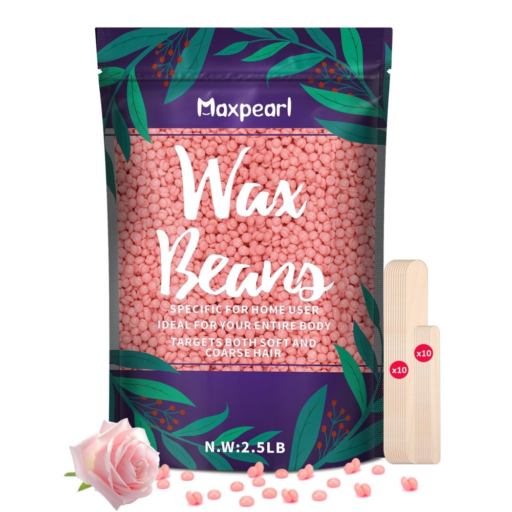 Maxpearl 2.5LB Hard Wax Beads for Hair Removal, Natural Rose Formula - Brazilian Waxing, Sensitive Skin, Face, Underarms, Legs, Back, Chest and More, with 20 Wax Sticks, Pink