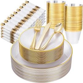Morejoy 350PCS Pearl White and Gold Plastic Plates - Disposable Gold Party Plates & Pre Rolled Napkins with Cutlery for 50 Guests, 100Plates, 150Silverware, 50Cups, 50Napkin for Party & Thanksgiving