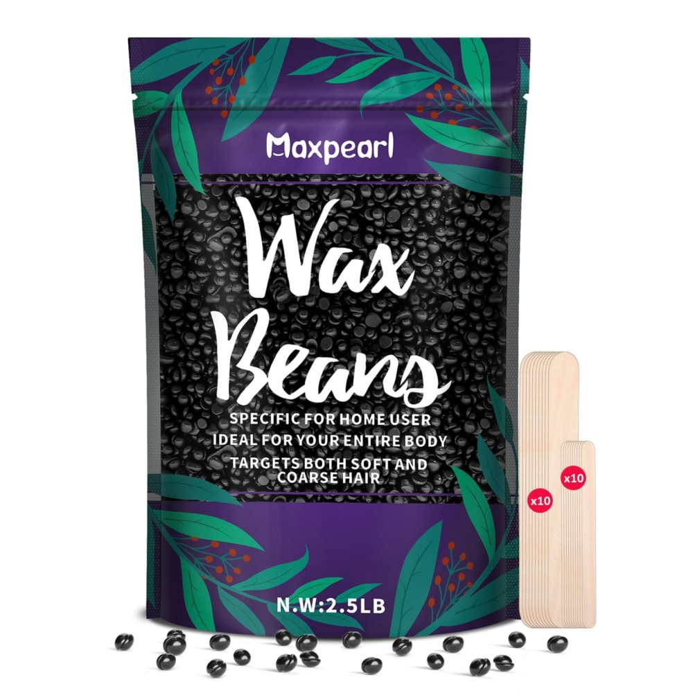 Maxpearl 2.5LB Hard Wax Beads for Hair Removal, Mens Coarse Hair Formula - Brazilian Waxing, Sensitive Skin, Face, Underarms, Legs, Back, Chest and More, with 20 Wax Sticks, Black