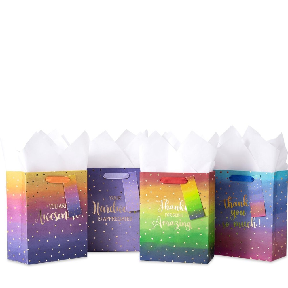Loveinside Medium Size Gift Bags, Employee Appreciation Thanks Pattern Gift Bag with Tissue Paper for Shopping, Parties, Wedding, Baby Shower, Craft-4 Pack, 7 X 4 X 9