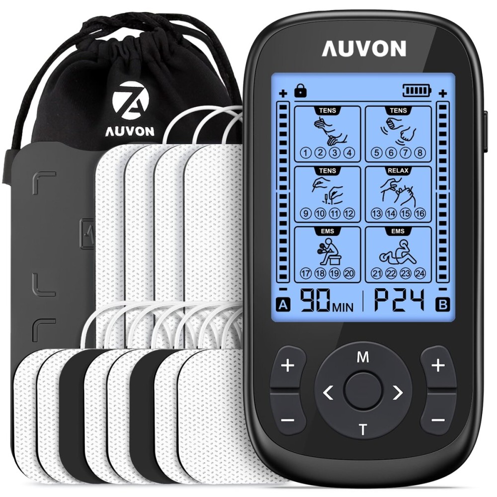 AUVON 3-in-1 TENS Unit Muscle Stimulator, EMS Massage Machine with 40 Intensities for Gradual Shoulder, Sciatica, Back Pain Relief, 24 Modes Rechargeable Electronic Pulse Massager with 12 TENS Pads