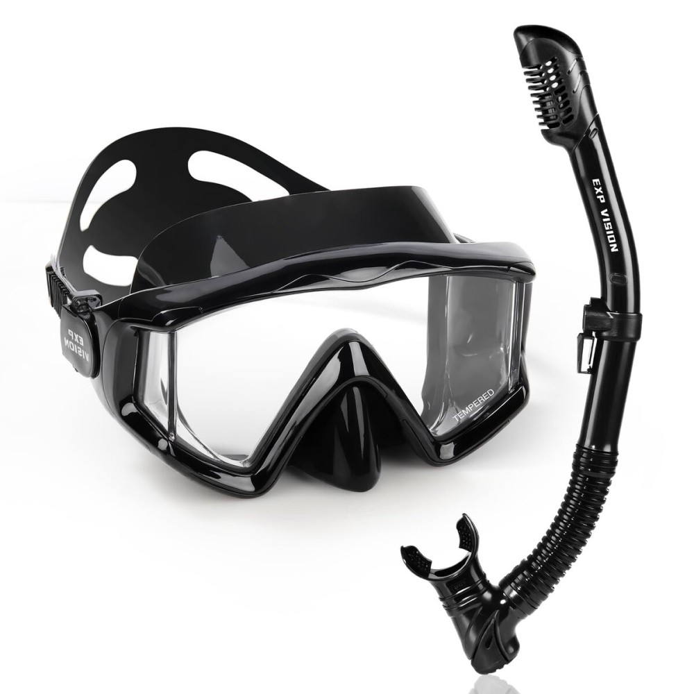 Snorkel Set Pano 3 Adult Snorkeling Gear, Professional Anti-Fog Snorkel Mask Dry Top Snorkel, Tempered Glass Scuba Diving Mask for Freediving, Snorkeling and Swimming (Mystic Black Set)