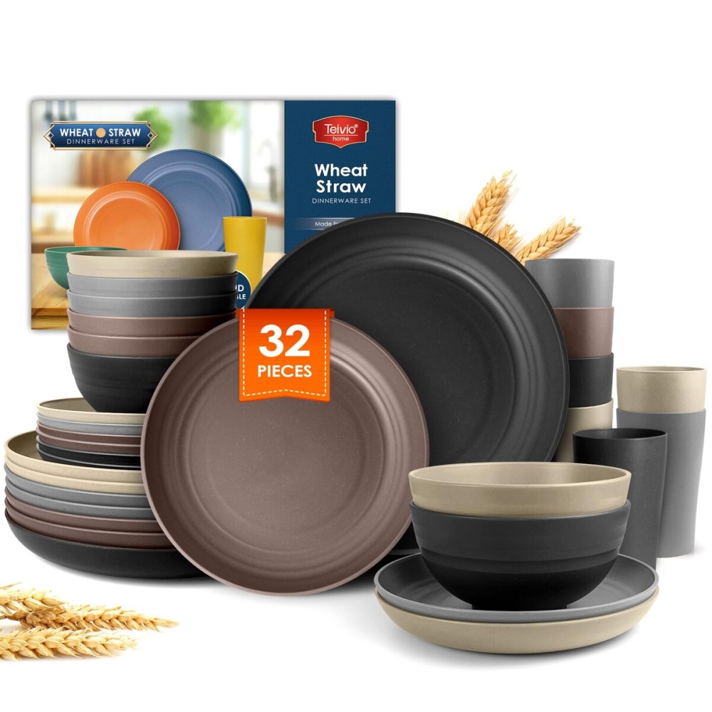 Teivio 32-Piece Kitchen Plastic Wheat Straw Dinnerware Set,Service for 8,Unbreakable Dinner Plates, Bowls,Cups,Farmhouse Outdoor Camping Dishes for Rustic Life/Country/Vintage Colorful,Aesthetic
