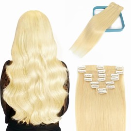 LORIEN Clip in Hair Extensions Real Human Hair, 16 Inch 90g, 613 Bleach Blonde, Clip in 100% Brazilian Remy Human Hair Extensions 8pcs Per Set with 18 Clips Double Weft