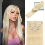 LORIEN Clip in Hair Extensions Real Human Hair, 16 Inch 90g, 60 Platinum Blonde, Clip in 100% Brazilian Remy Human Hair Extensions 8pcs Per Set with 18 Clips Double Weft