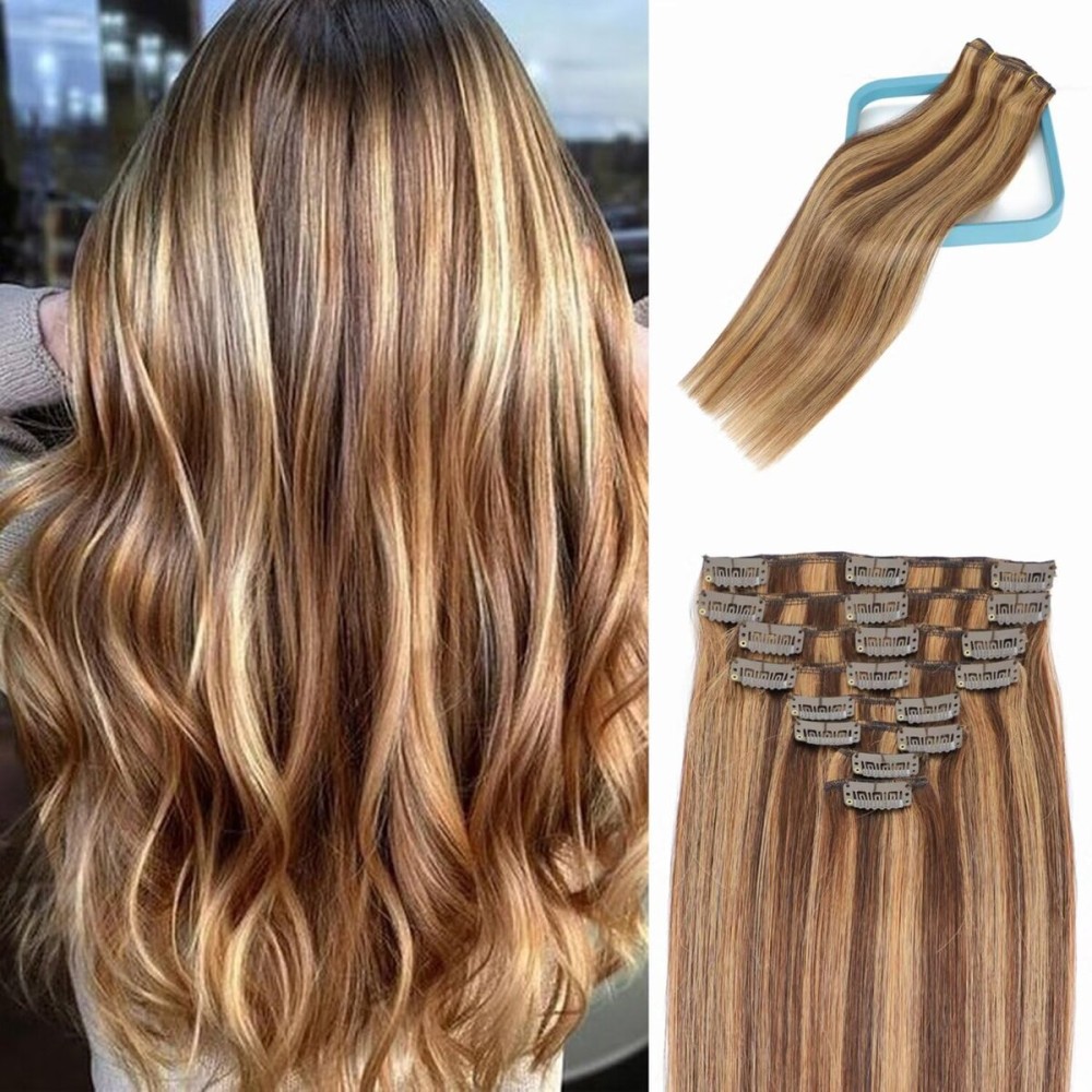 LORIEN Clip in Hair Extensions Real Human Hair, 16 Inch 90g, 4/27 Chocolate Brown to Caramel Blonde, Clip in 100% Brazilian Remy Human Hair Extensions 8pcs Per Set with 18 Clips Double Weft