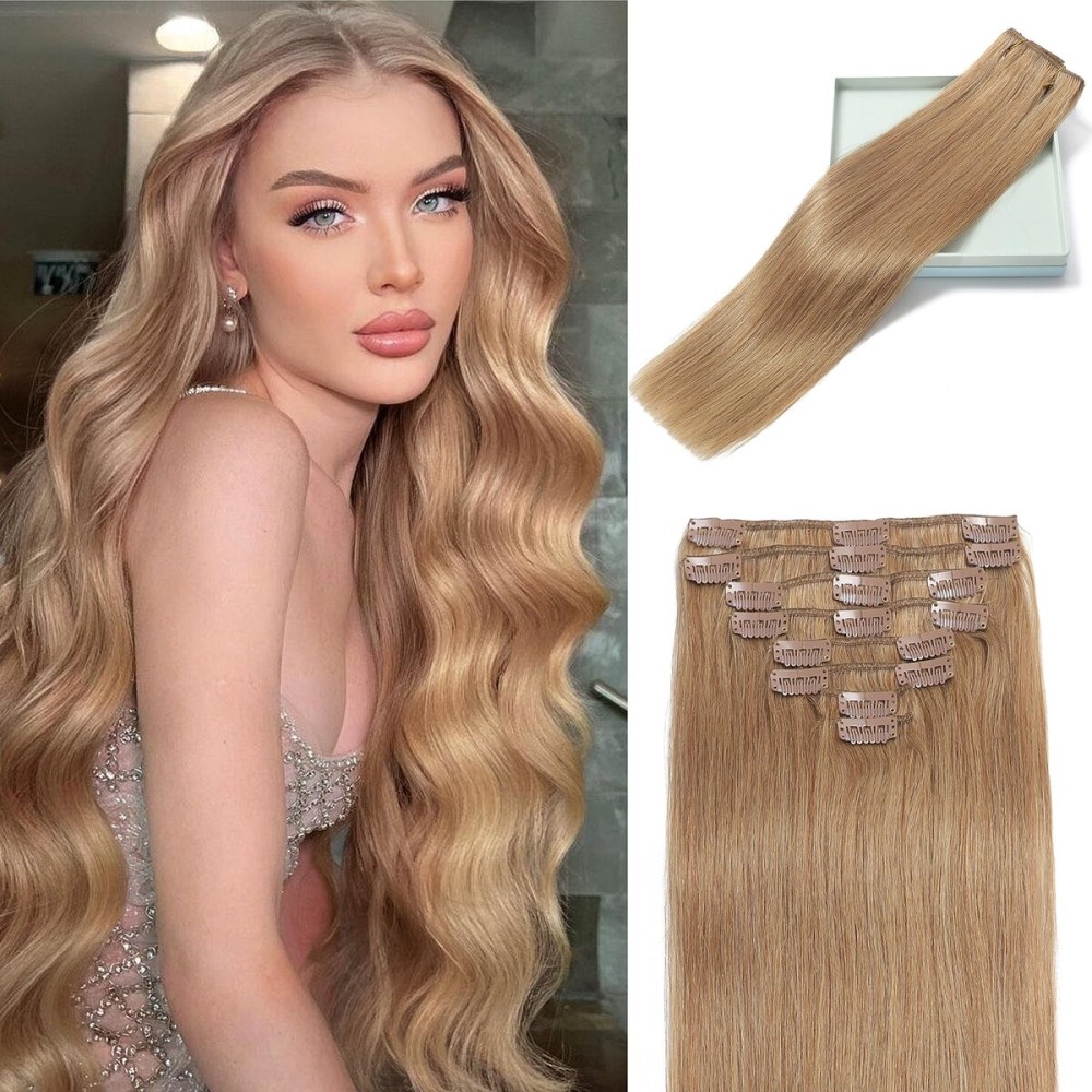LORIEN Clip in Hair Extensions Real Human Hair, 18 Inch 100g, 27 Honey Blonde, Clip in 100% Brazilian Remy Human Hair Extensions 8pcs Per Set with 18 Clips Double Weft