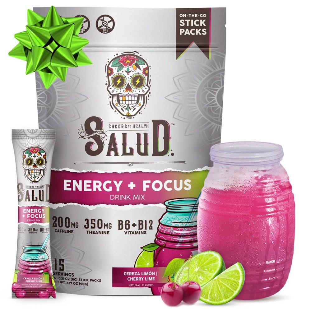 Salud 2-in-1 Energy Drink Powder + Focus, Cherry Lime, Organic Caffeine, B6 + B12, Theanine, Clean Energy Drink Packets, Agua Fresca Mix, Non-GMO, Gluten Free, Vegan, 1g of Sugar, (15 Servings)