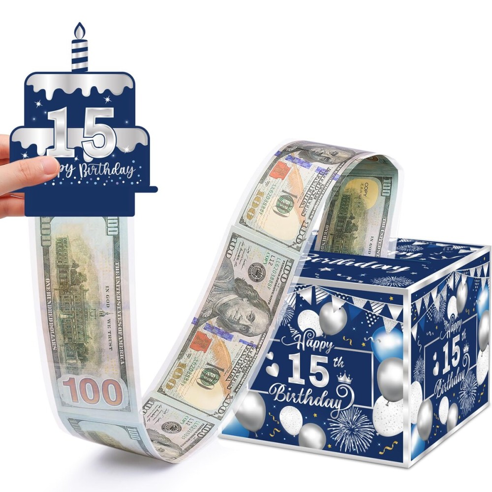 Meiidoshine 15th Birthday Money Box for Cash Gift, Surprise Pull Out Money Gift Box with 50Pcs Transparent Bags - Fun Ways to Give Cash as A 15th Birthday Gift for Girls Boys