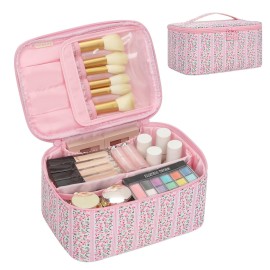 OCHEAL Makeup Bag for Women - Travel Cosmetic Organizer with Brush Slot & Divider, Large Capacity Toiletry Bag for Girls, Travel Makeup Case for everyday Make up Accessories -Pink Floral