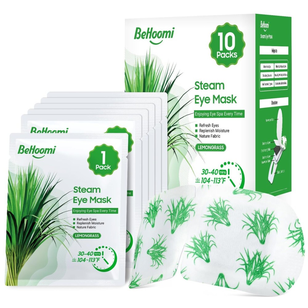 BeHoomi Steam Eye Mask, 10 Packs Heated Eye Mask, Self Heating Disposable SPA Warm Compress for Eyes Sleep Mask, Travel Essentials & Relaxation Gifts, Stocking Stuffers (Lemongrass Scent)