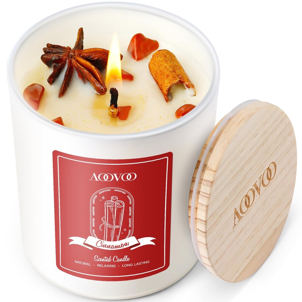 AOOVOO Apple Cinnamon Scented Candles for Women - Aromatherapy Candle with Crystals Inside, 10oz Soy Candles for Home Scented, Birthday Gifts Christmas Candle for Women Mom