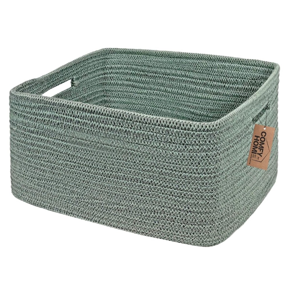COMFY-HOMI Cotton Rope Woven Basket with Handles for Shelves,Toys,Book, Cloth Storage Baskets for Organizing-17 x 13 x 7.5 Toy Decorative Organizer for Living Room, Bathroom Green
