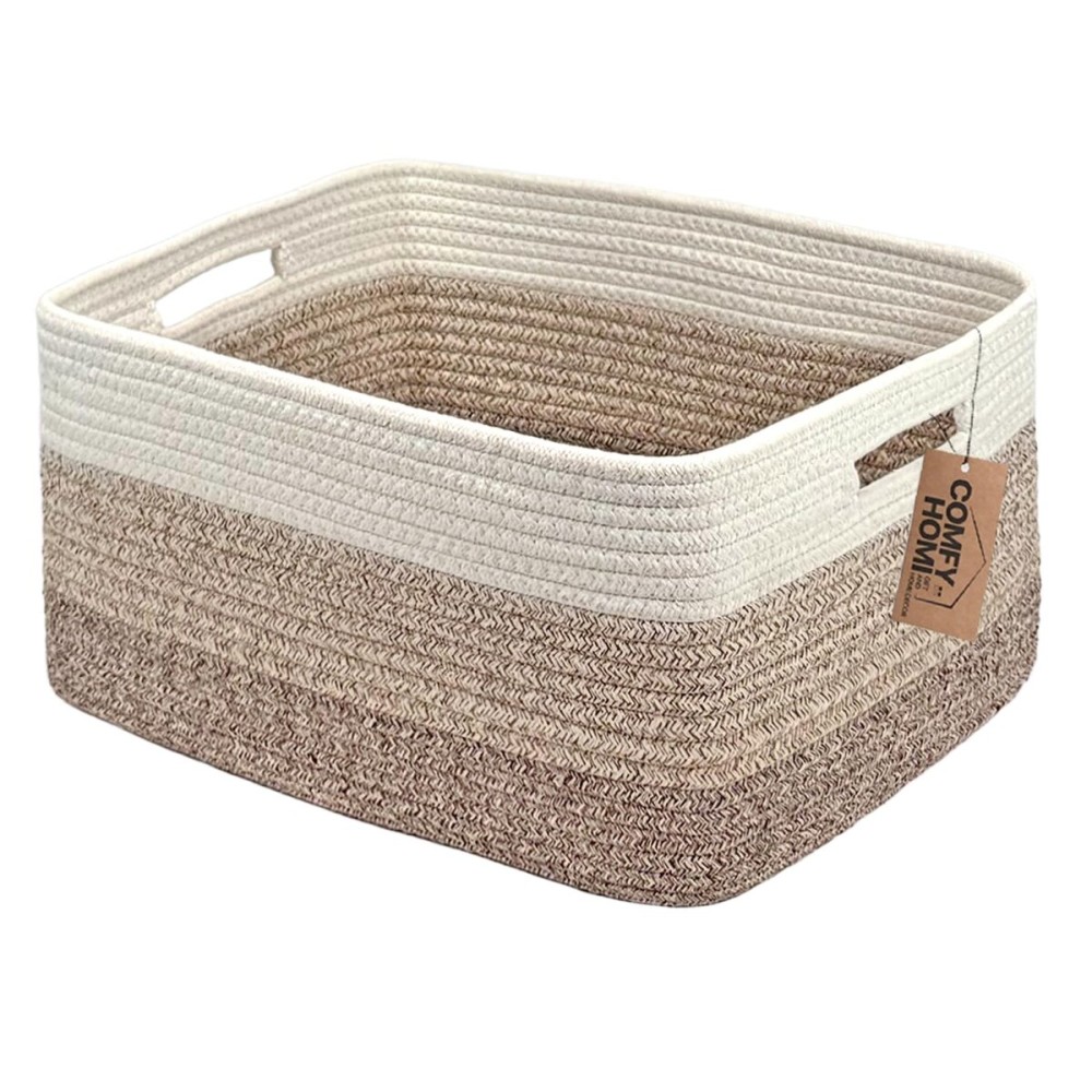 COMFY-HOMI Cotton Rope Woven Basket with Handles for Shelves,Toys,Book, Cloth Storage Baskets for Organizing-17 x 13 x 7.5 Toy Decorative Organizer for Living Room, Bathroom white/3 brown