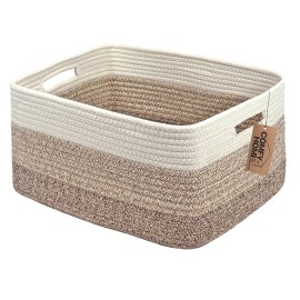 COMFY-HOMI Cotton Rope Woven Basket with Handles for Shelves,Toys,Book, Cloth Storage Baskets for Organizing-17 x 13 x 7.5 Toy Decorative Organizer for Living Room, Bathroom white/3 brown