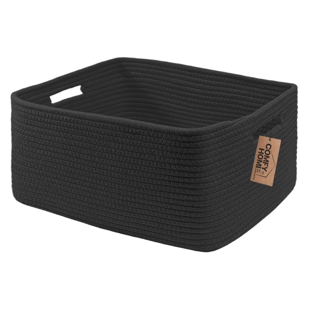 COMFY-HOMI Cotton Rope Woven Basket with Handles for Shelves,Toys,Book, Cloth Storage Baskets Bin for Organizing- 1 PCSToy Decorative Organizer for Living Room, Bathroom 17 x 13 x 7.5 - All Black