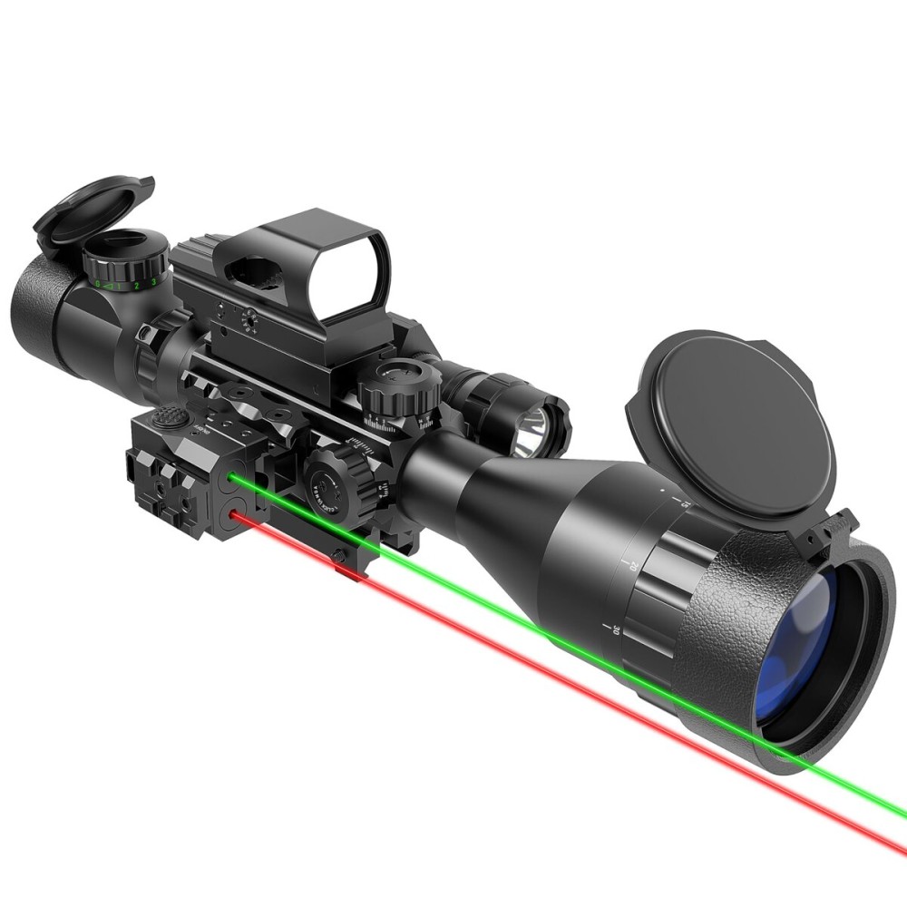 UUQ 4-12&16X50 AO Rifle Scope Red/Green Illuminated Range Finder Reticle W/Green Laser - Holographic Reflex Red Dot Sight - 5 Brightness Modes Flashlight (4-16X50AO W/R&G Laser)
