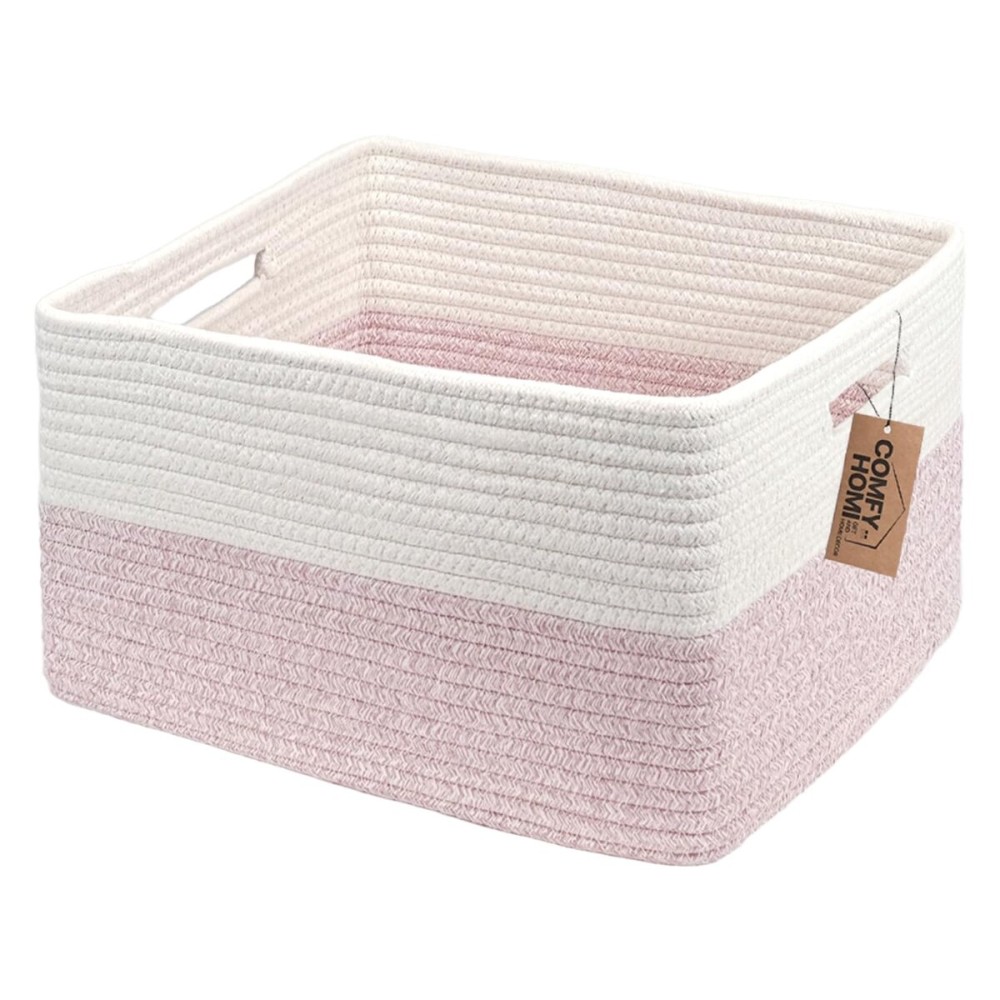 COMFY-HOMI Cotton Rope Woven Basket with Handles for Shelves,Toys,Book, Cloth Storage Baskets for Organizing-17 x 13 x 7.5 Toy Decorative Organizer for Living Room, Bathroom white/pink