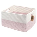 COMFY-HOMI Cotton Rope Woven Basket with Handles for Shelves,Toys,Book, Cloth Storage Baskets for Organizing-17 x 13 x 7.5 Toy Decorative Organizer for Living Room, Bathroom white/pink