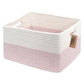 COMFY-HOMI Cotton Rope Woven Basket with Handles for Shelves,Toys,Book, Cloth Storage Baskets for Organizing-17 x 13 x 7.5 Toy Decorative Organizer for Living Room, Bathroom white/pink
