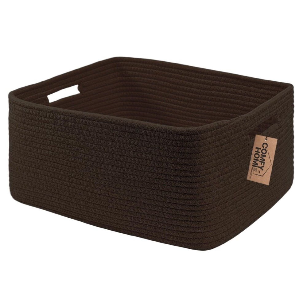 COMFY-HOMI Cotton Rope Woven Basket with Handles for Shelves,Toys,Book, Cloth Storage Baskets for Organizing-17 x 13 x 7.5 Toy Decorative Organizer for Living Room, Bathroom dark brown