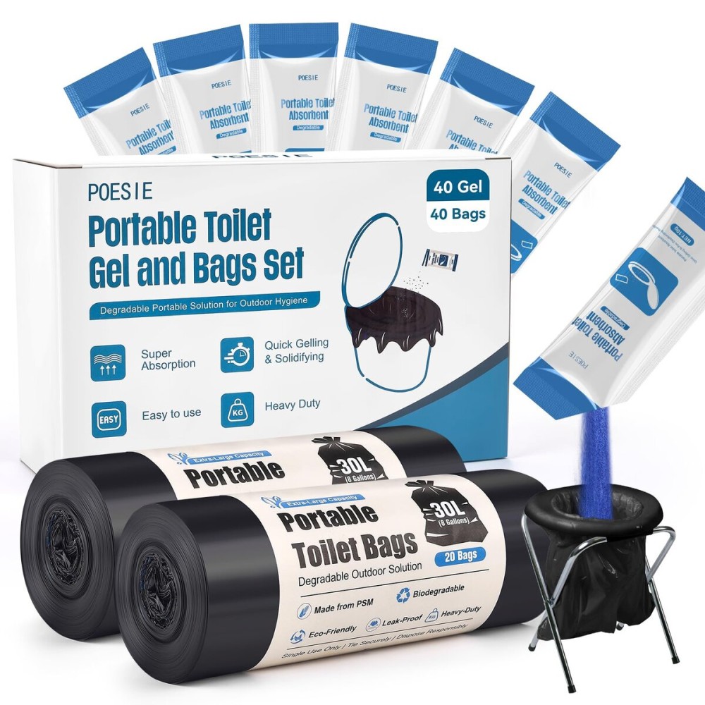Poesie Absorbent Gel Toilet Bags Set, 8 Gallon Compostable Portable Toilet Bags with Camping Gel, Camping Toilet Bags and Gel Set for RV, Hiking, Emergency 40 Gels and 40 Bags