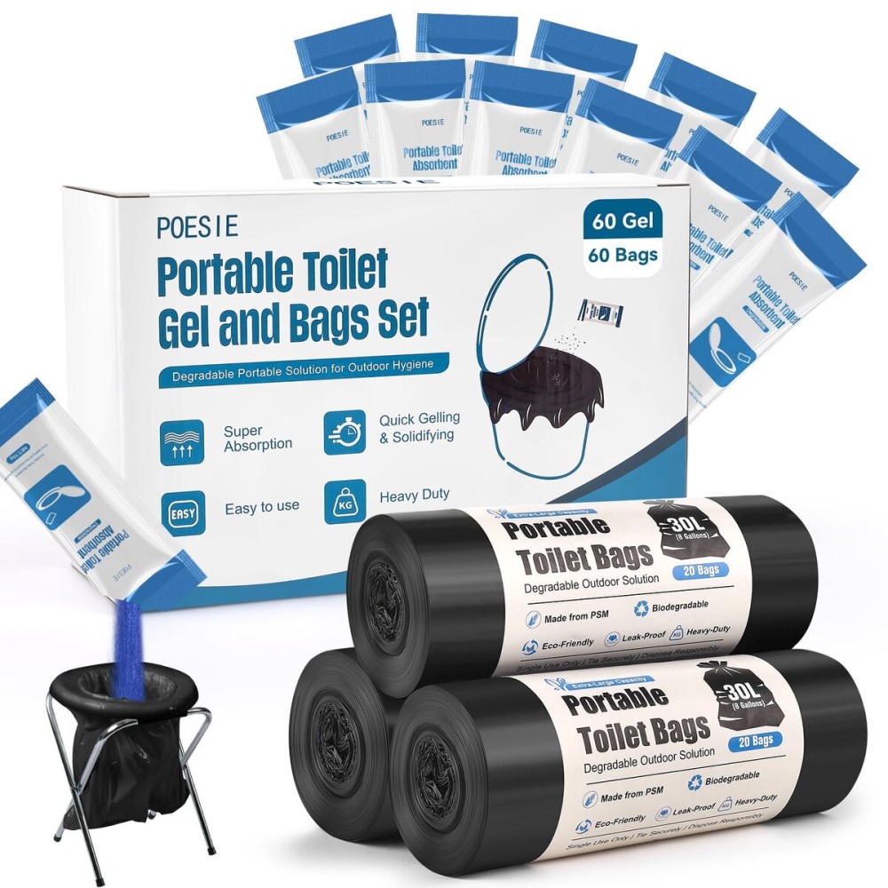 Poesie Absorbent Gel Toilet Bags Set, 8 Gallon Compostable Portable Toilet Bags with Camping Gel, Camping Toilet Bags and Gel Set for RV, Hiking, Emergency 60 Gels and 60 Bags