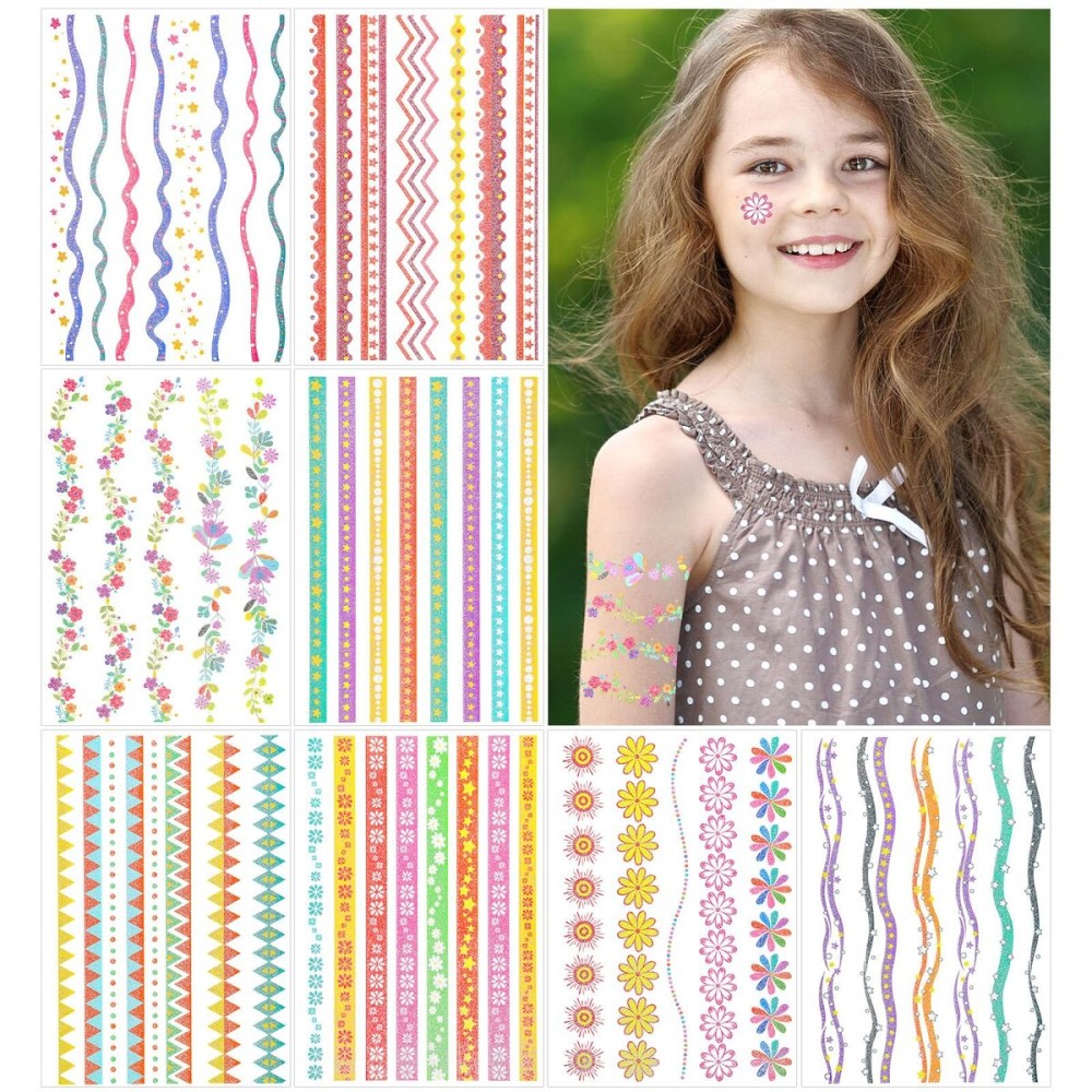 Glitter Tattoos 8 Sheets 54 Arm Band Temporary Tattoos for Adult Teens Kids, Glitter Makeup Tattoo for Girls and Women, Flash Girls Birthday Party Decorations Supplies, Sparkle Party Accessories