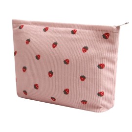 Cosmetic Bags for Women - Corduroy Cosmetic Bag Aesthetic Women Handbags Purses Smile Dots Makeup Organizer Storage Makeup Bag Girls Case Bags (Flowers-Pink strawberry)