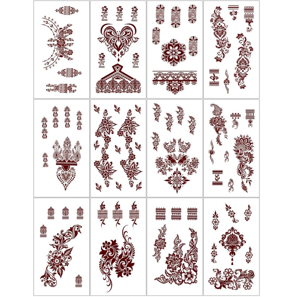 Henna Tattoo 12 Sheets Red Brown Henna Temporary Tattoos for Women and Teen Girl, Waterproof Realistic Mehndi Fake Tattoos for Wedding Beach Rave Festival Party Makeup Body Paint Parties Friends etc