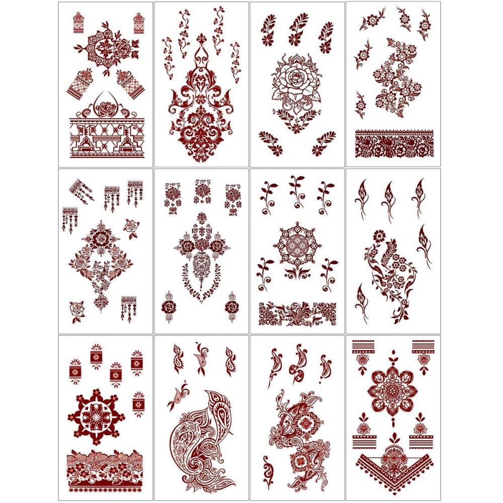 Henna Tattoo 12 Sheets Red Brown Henna Mehndi Temporary Tattoos for Women and Teen Girl, Waterproof Realistic Fake Tattoos for Wedding Beach Rave Festival Party Makeup Body Paint Parties Friends etc