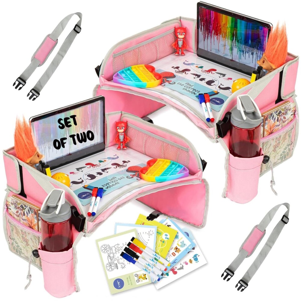 PILLANI Kids Travel Tray for Car - Car Seat Tray for Kids Travel, Road Trip Essentials Must Haves - Carseat Table Roadtrip Activities - Toddler Lap Desk Organizer for Airplane - Pack of 2, Pink