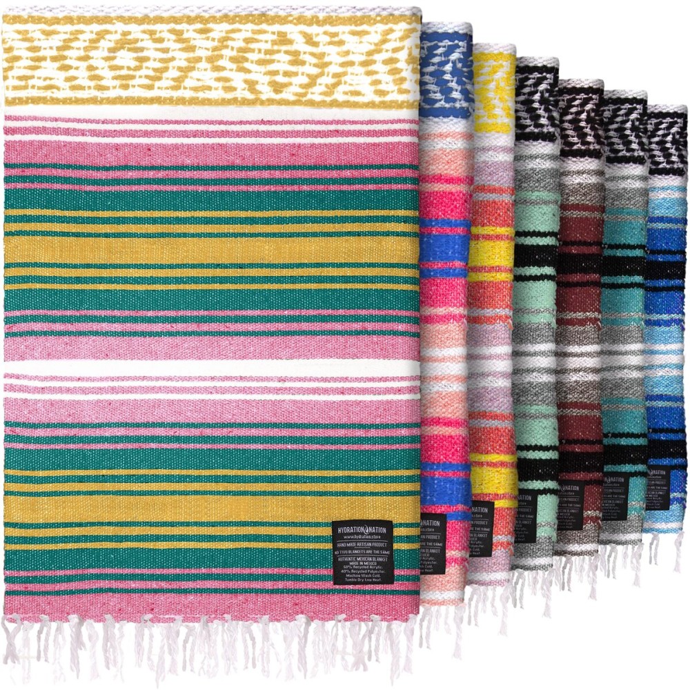 Hydration Nation Authentic Large Handwoven Mexican Striped Throw Blanket - Soft, Durable, Eco-Friendly - 70x50 - Sunshine