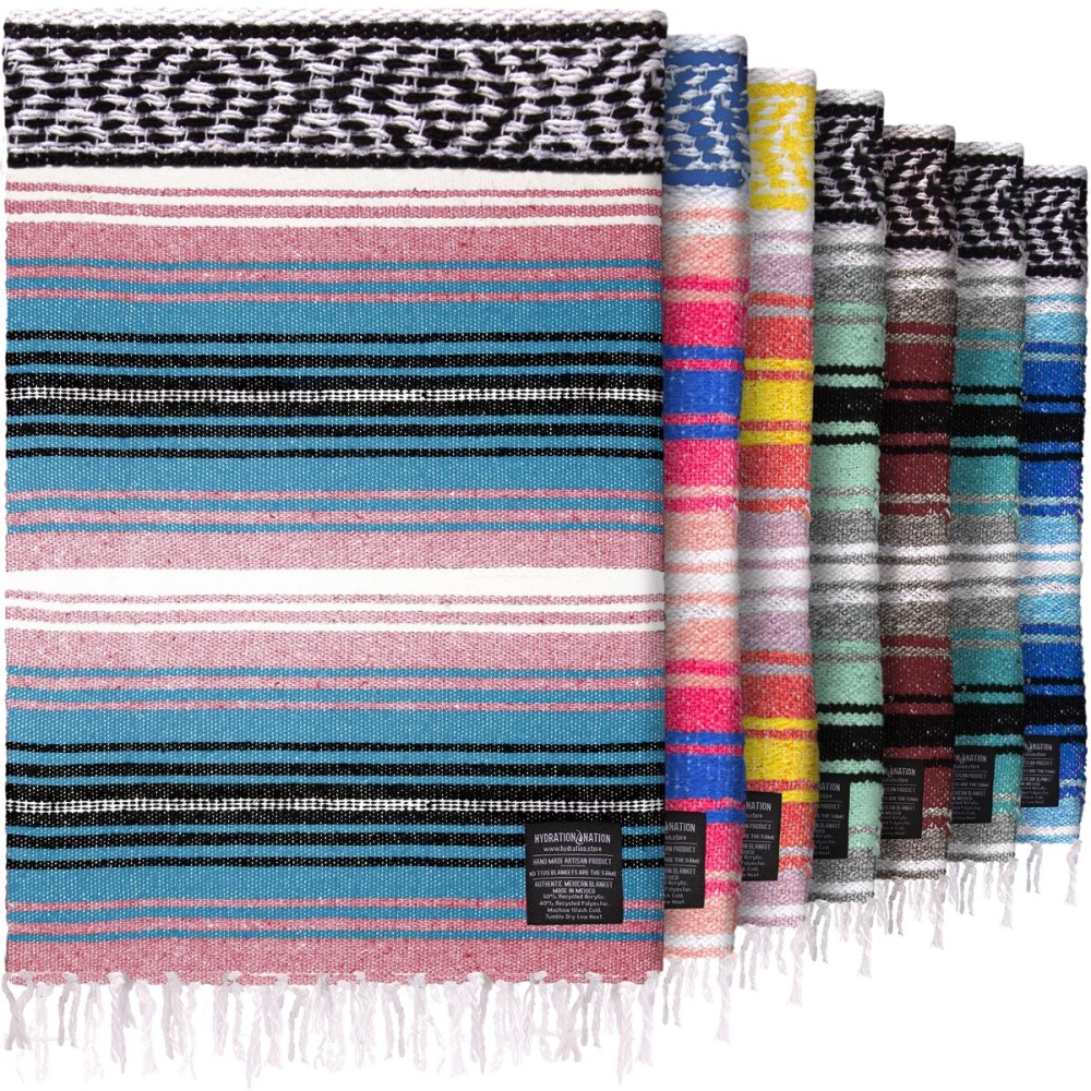 Hydration Nation Authentic Large Handwoven Mexican Striped Throw Blanket - Soft, Durable, Eco-Friendly - 70x50 - Cotton Candy